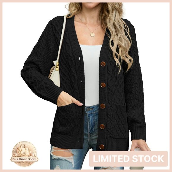 Oversized Cable Knit Cardigan Classic Chic Button Front Pockets Loose Fit